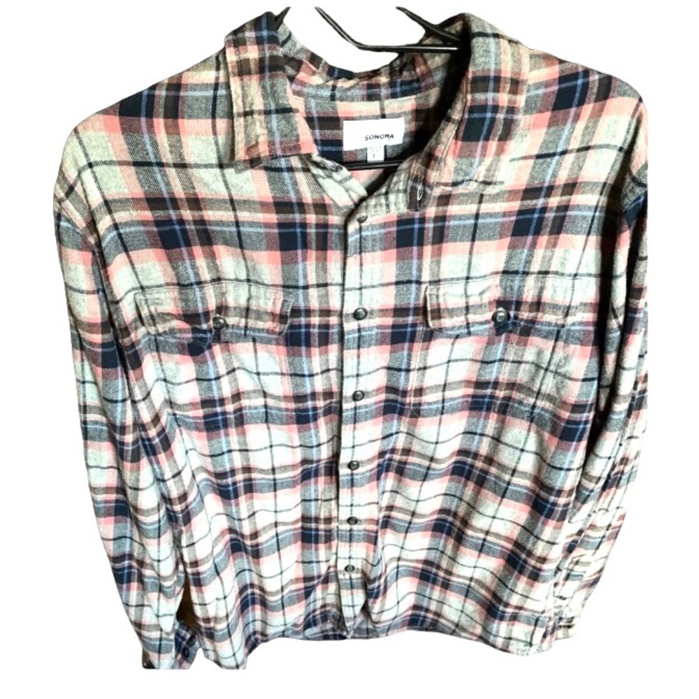 SONOMA Pink Gray Navy Blue Long Sleeve Plaid Button Up Flannel Shirt Women’s L